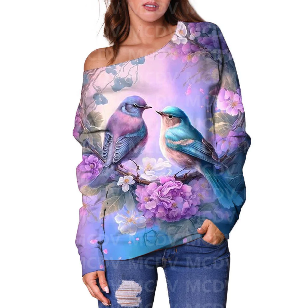 Women's Off Shoulder Sweater Peacock 3D Printed Women Casual Long Sleeve Sweater Pullover