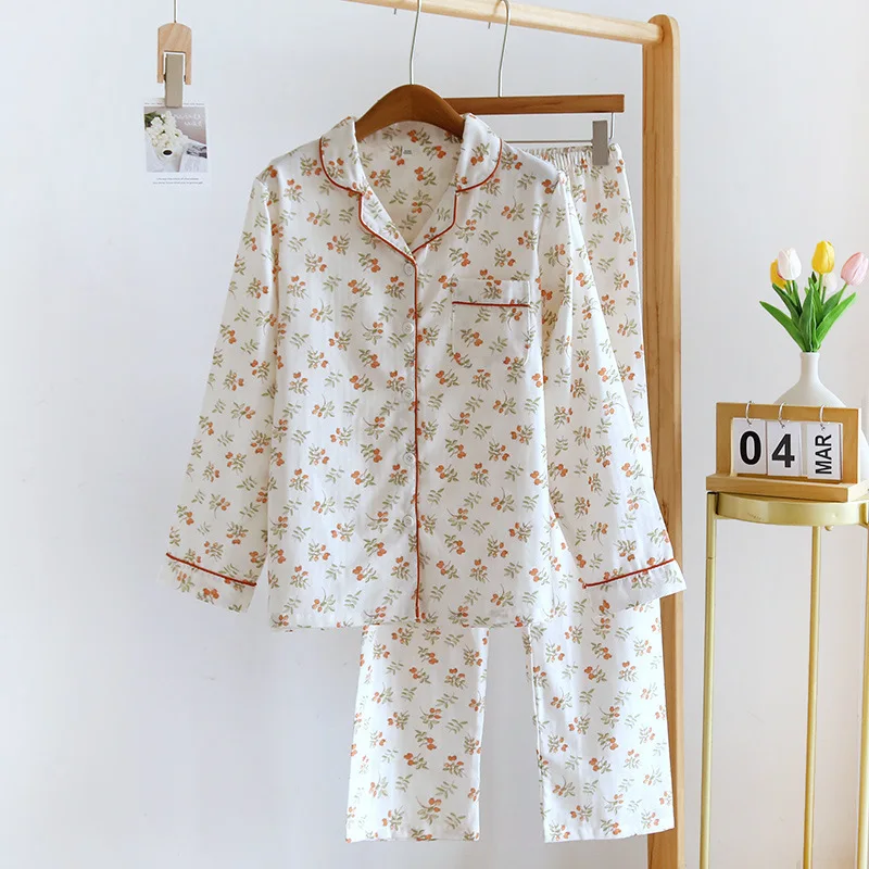 Spring Cotton Double Gauze Household Clothes Suit Long-sleeved Trousers Casual Pajamas for Women Loose Comfortable Sleepwear