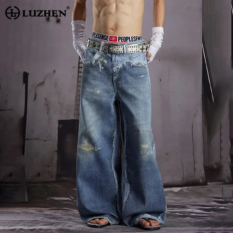 LUZHEN 2026 New Fashion Original Streetwear Paint Printed Loose Straight Jeans Men's Trendy Handsome Wide Leg Denim Pants JY8763