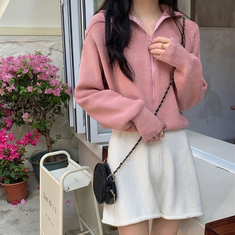 Korean Fashion Zipper Up Cardigan Women Autumn Winter Knitted Turtleneck Sweater Woman 2024 Solid Color Cropped Cardigans Female