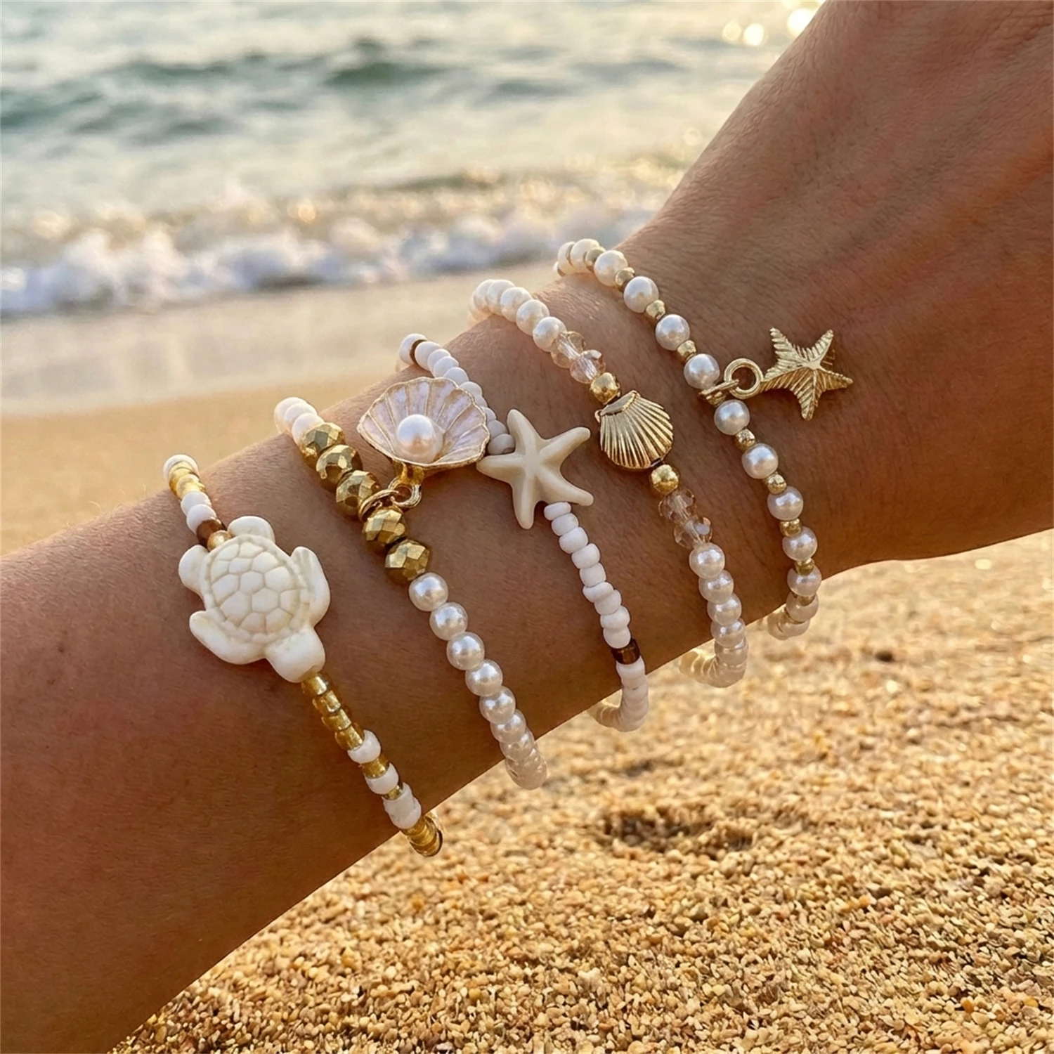Multilayer Sea Turtle Shell Chain Bracelet Set for Women Elegant Starfish Imitation Pearl Bracelets Resort Wear Jewelry Gift