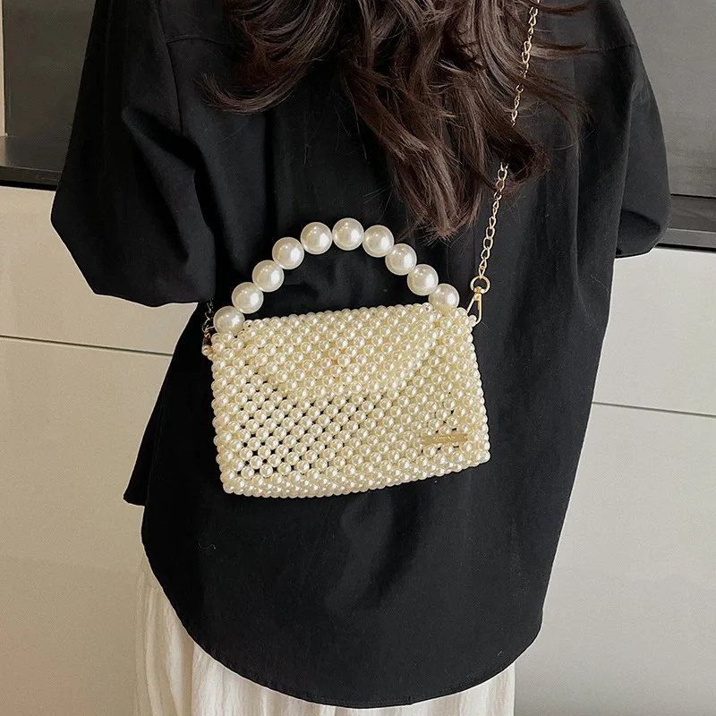 

New Pearl Hand-held Women's Single-shoulder Bag 2025 Summer Braided Design Square Crossbody Bag for Women