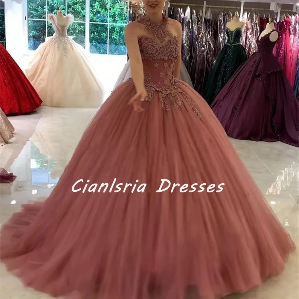 Halter Quinceañera dulce 16 vestidos apliques 3D flores plisado tul cintura imperio vestido de fiesta Formal vestidos de fiesta