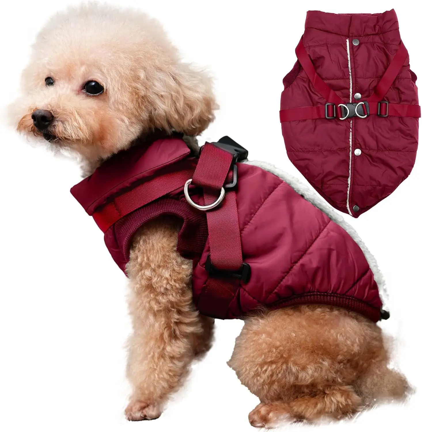 

Warm Fleece-Lined Dog Jacket with Harness, Windproof Puppy Coat for Winter in Red Size M