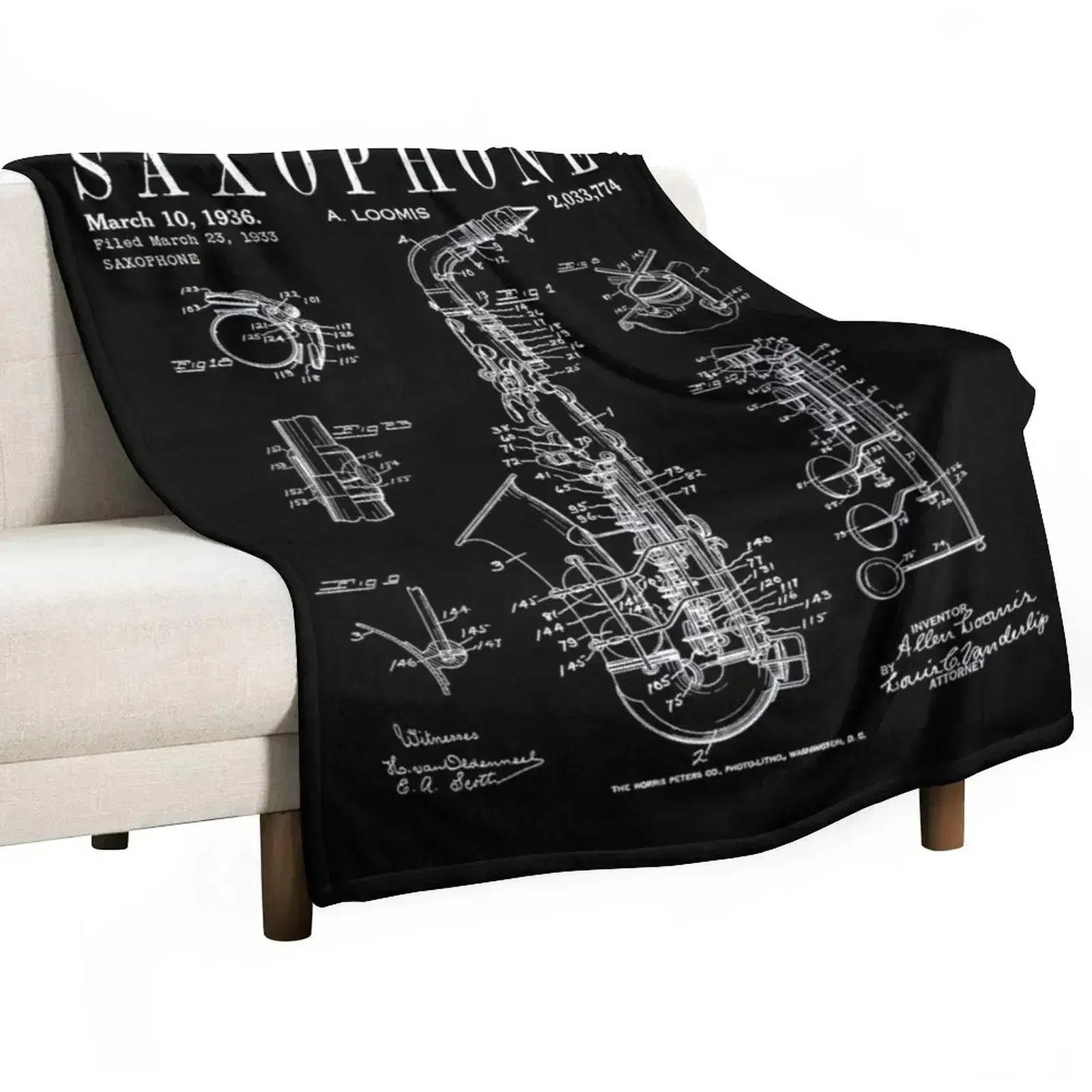 Saxophone Old Vintage Patent Drawing Print Throw Blanket Bed covers Sleeping Bag blankets ands Retros Blankets