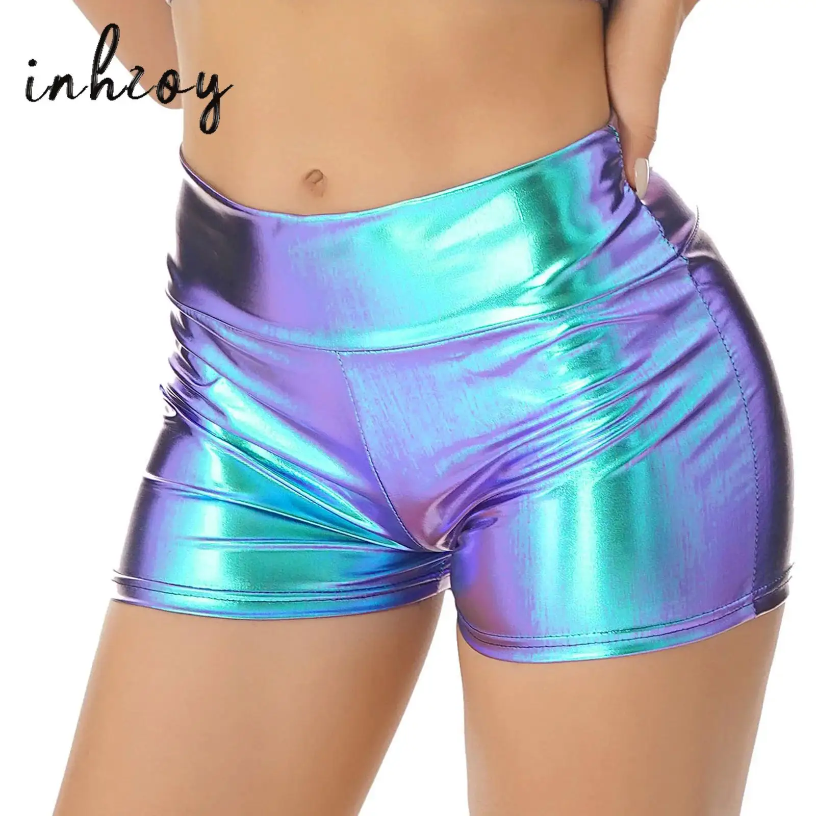 Womens Metallic Shiny Shorts Rave Hot Short Pants High Waist Elastic Booty Dance Shorts for Rave Party Pole Dance Clubwear