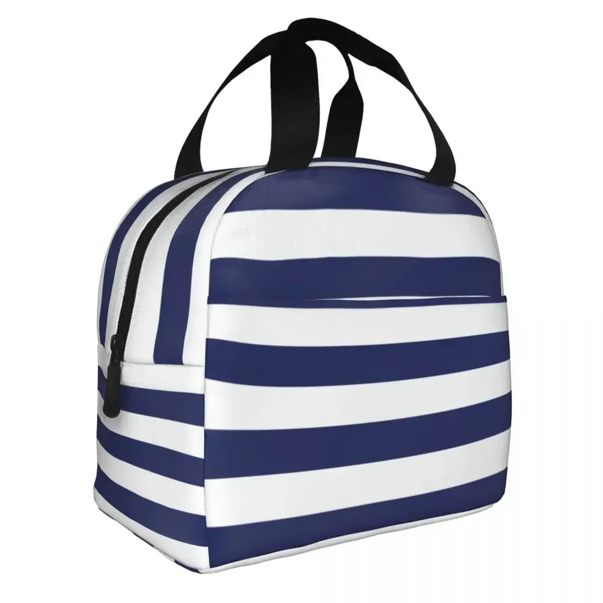 Navy Blue And White Stripes Lunch Bag Portable Insulated Canvas Cooler Bag Thermal Cold Food Picnic Tote for Women Girl