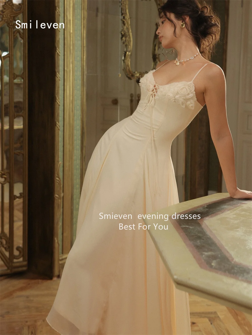 Smileven Luxury 3D A Line Prom Dress Illusion Flower Evening Gowns Appliques Sexy Spaghetti Strap Occasion Dress Customized 2026