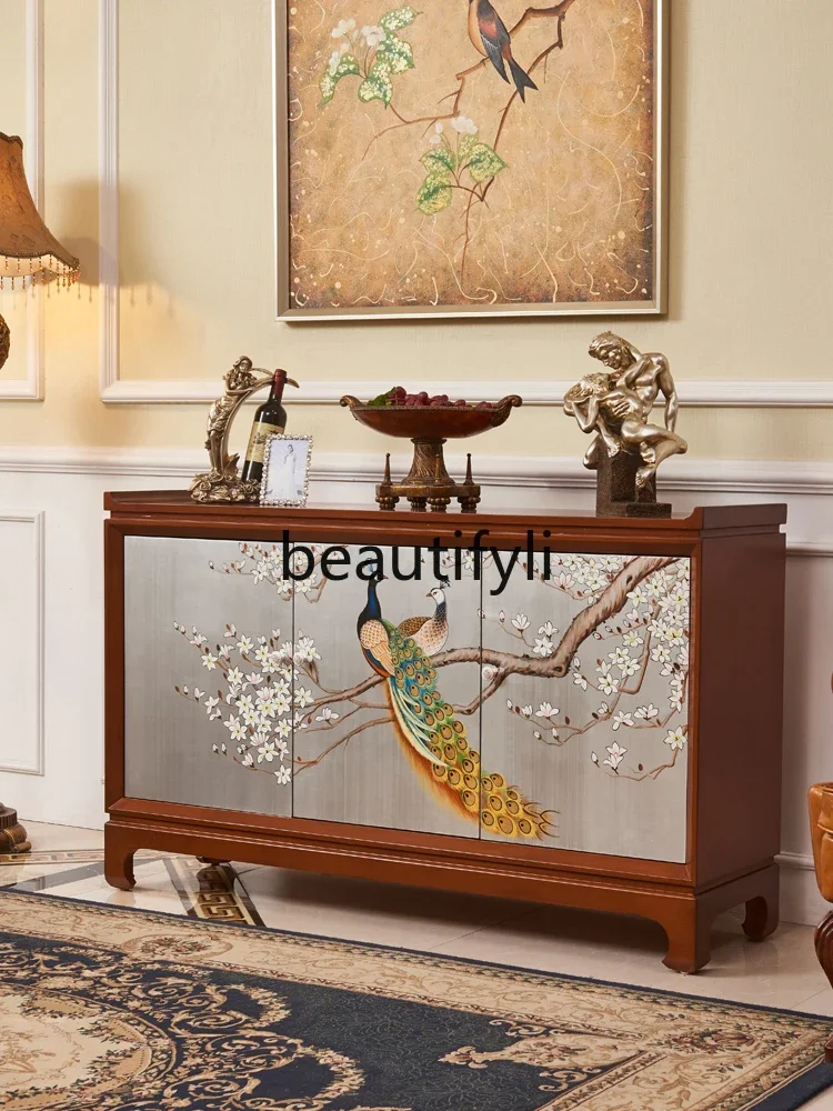 

ss CPainted peacock American side cabinet entry new Chinese walnut mahogany solid wood porch decorative foyer cabinet