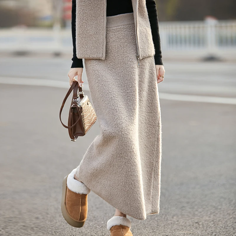 

High end women's 100% Australian wool skirt for autumn and winter, new knitted slim fit, hip hugging women's long skirt,