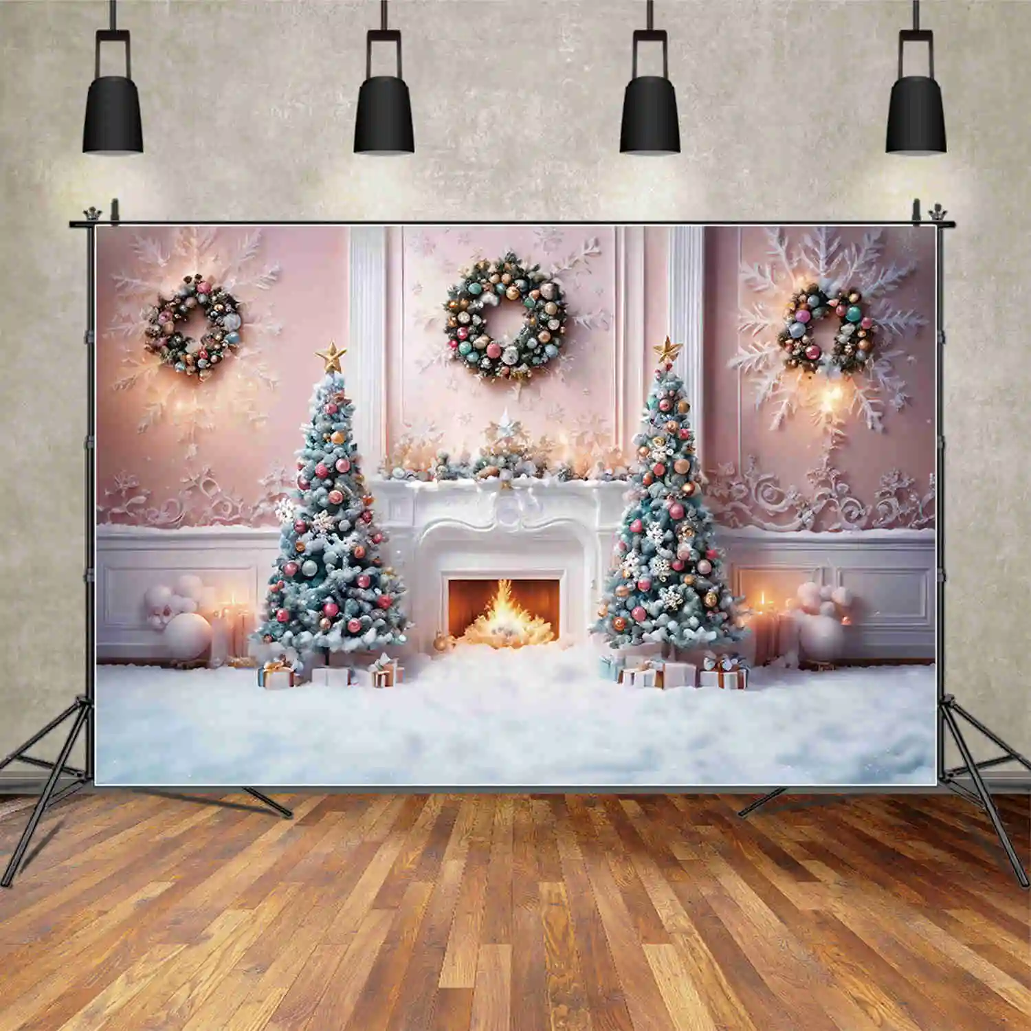 MOON.QG Christmas Fireplace 2025 Background Snowflake Wreath Light Trees Gift Backdrops Party Decoration Photozone Accessories