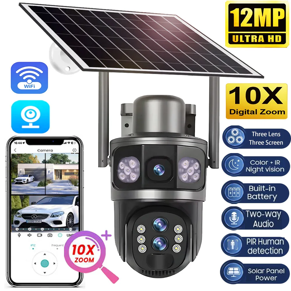 

Solar Outdoor Surveillance Camera WIFI 6K 12MP 10X Zoom Three Screen PTZ Cameras Security Protection Auto Tracking CCTV V380 Cam