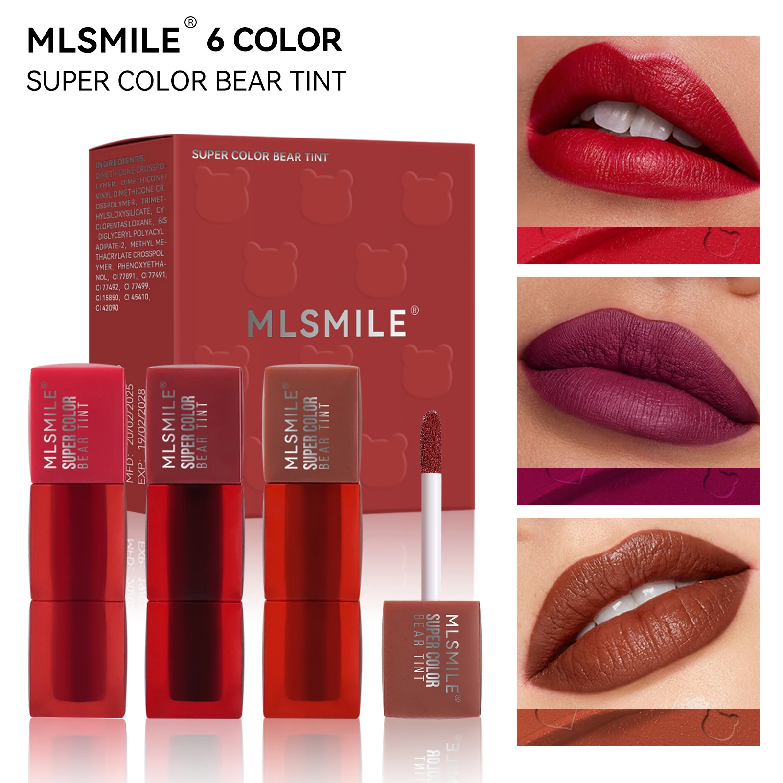 MLSMILE 3 Matte Velvet Teddy Lip Gloss de longa duração, não pegajoso, cor de longa duração Brilho labial leve e não pegajoso