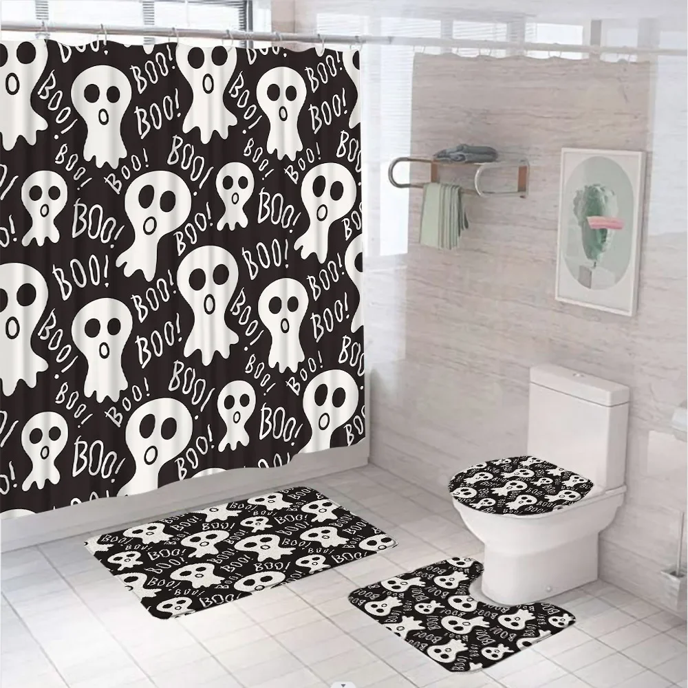 Vintage Halloween Shower Curtain Set Gray Creepy Gothic Skeleton Skull Bat Scary Spooky Fabric Screen Bath Mat Rug Toilet Cover