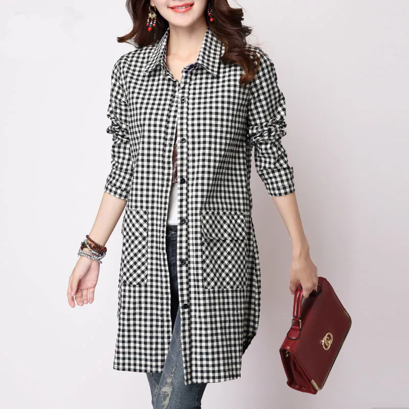 2024 Spring Autumn New Long Sleeved Checkered Casual Shirt for Women Mid Length Bottom Loose Size Cardigan Trendy Plaid Coat Top