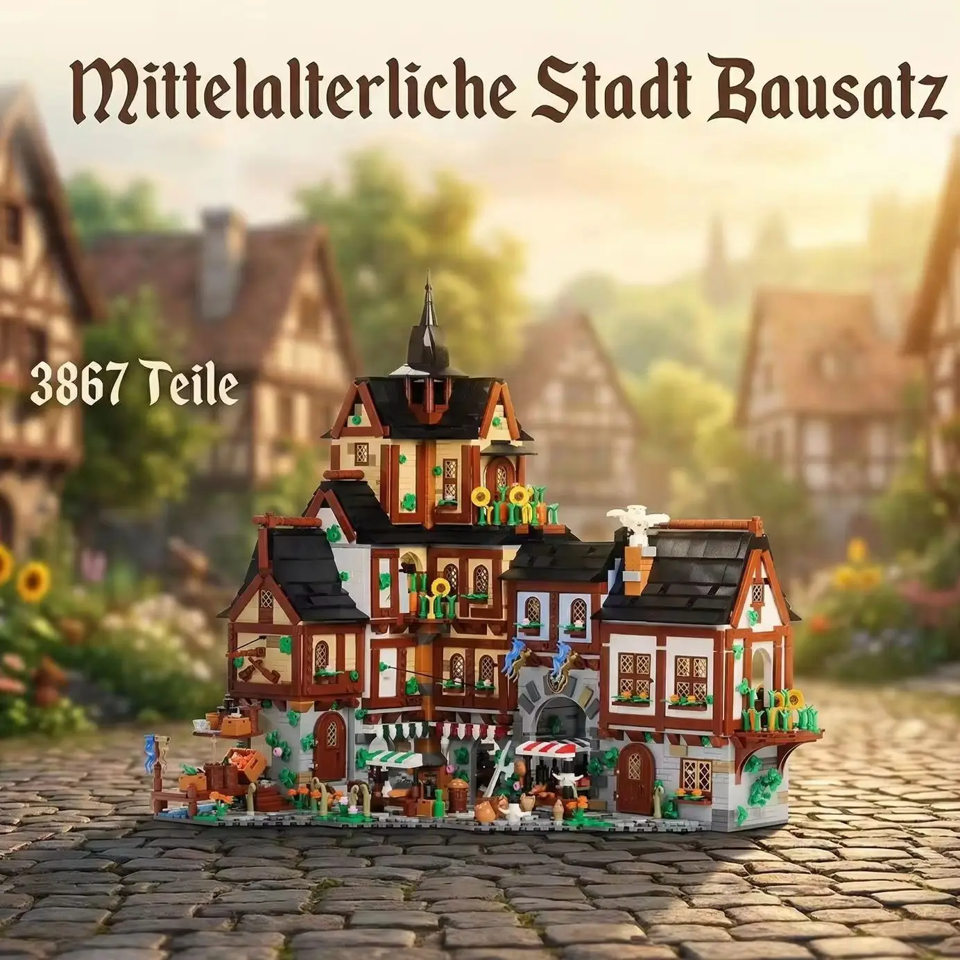 Ensemble de blocs de construction de ville européenne médiévale de 3867 pièces, modèle d'architecture modulaire expert avec une place du marché détaillée et des scènes de ville vintage, briques ABS de qualité supérieure pour collectionneurs adultes, cadeau parfait pour la décoration intérieure pour les fans et les amateurs de Street View