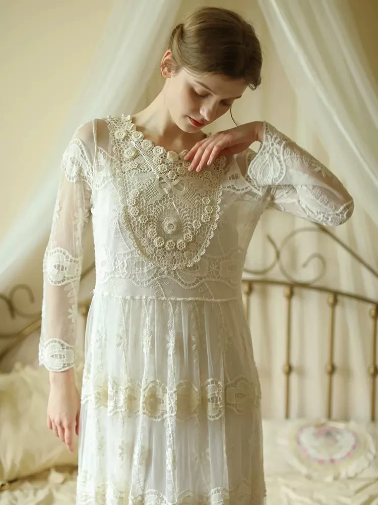 86cm Bust Spring Summer Women Victorian Vintage Exquisite Lace Soft Comfortable Cotton Dresses