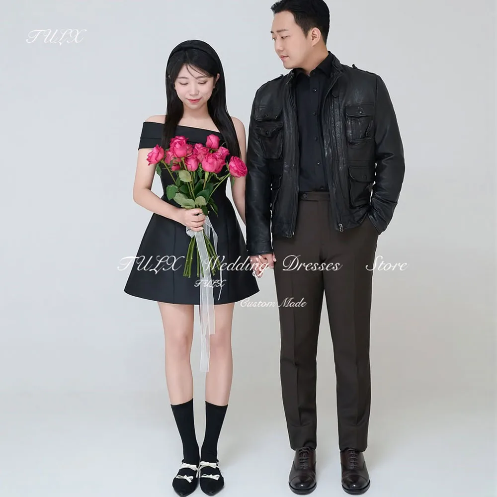 

TULX Simple Short Black Prom Gown Mini One Shoulder Satin Korea Weddin Photo Shoot Formal Party Dresses Above Knee Customized