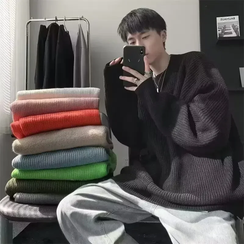 Pullovers Knitted O Neck Sweaters Men Long Sleeve Solid Jumpers High Street Loose Slight Strech 2024 Standard Wool Winter