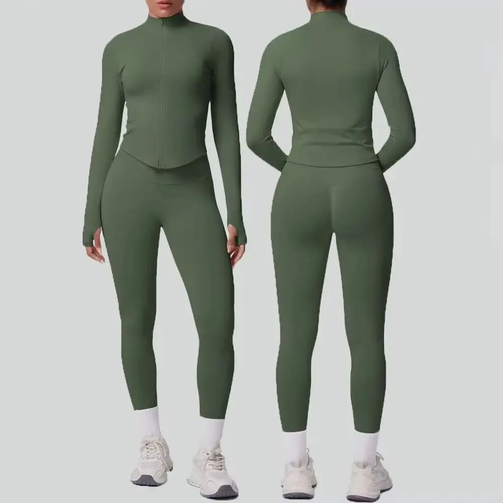 Women's 2piece Yoga Set Long Sleeved Zipper Cardigan Jacket High Waisted Leggings Breathable Women's Exercise Sports Fitness Set