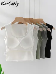 Padded Bra Tank Top Women Summer Basic Solid Square Neck Slim All Match Sleeveless Tops Women's Vest One-Piece White Outerwear