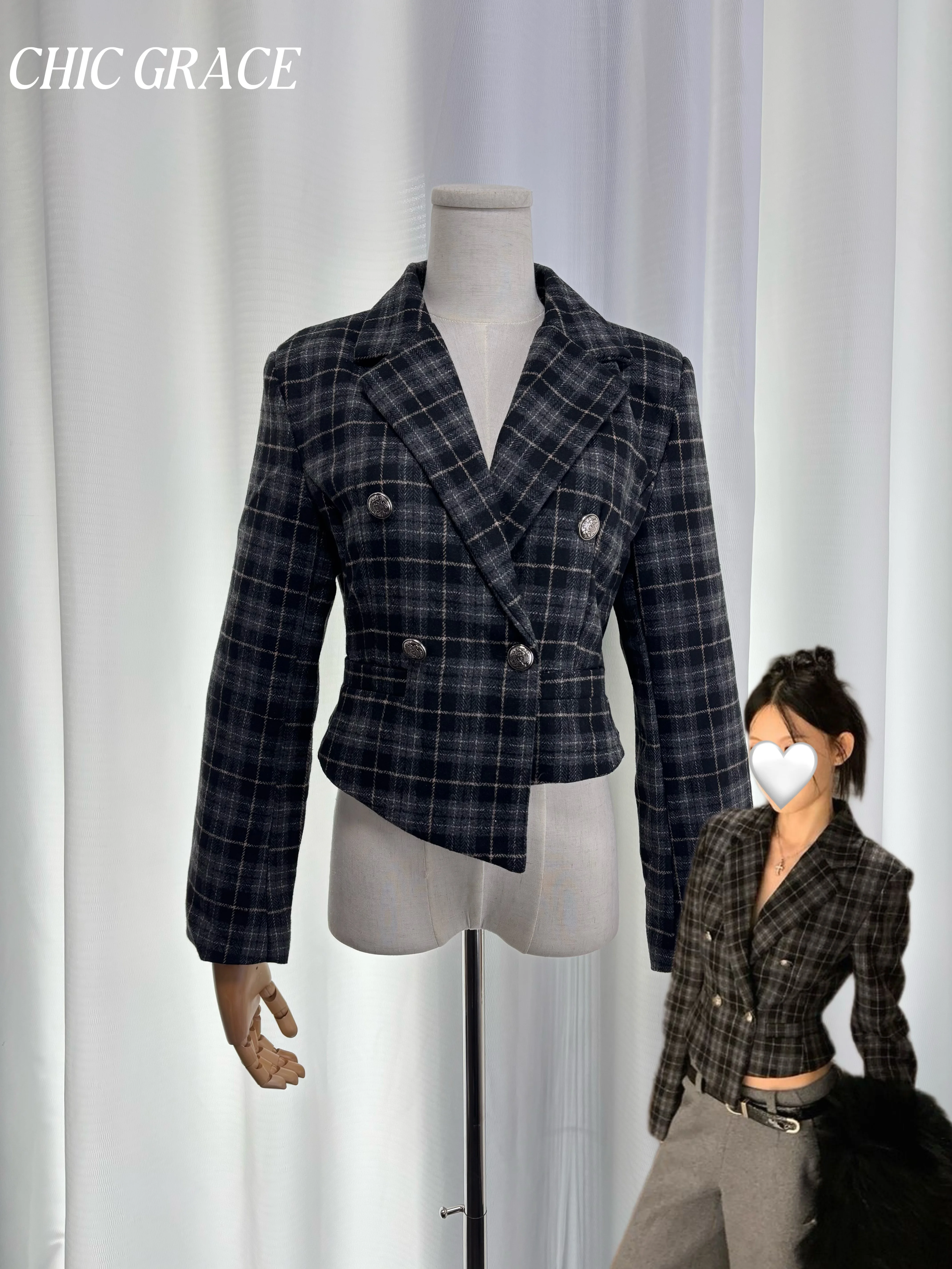 

Реальный снимок, женский шикарный шерстяной короткий пиджак в клетку, осенний французский утягивающий талию пальто с длинными рукавами, модное Sli