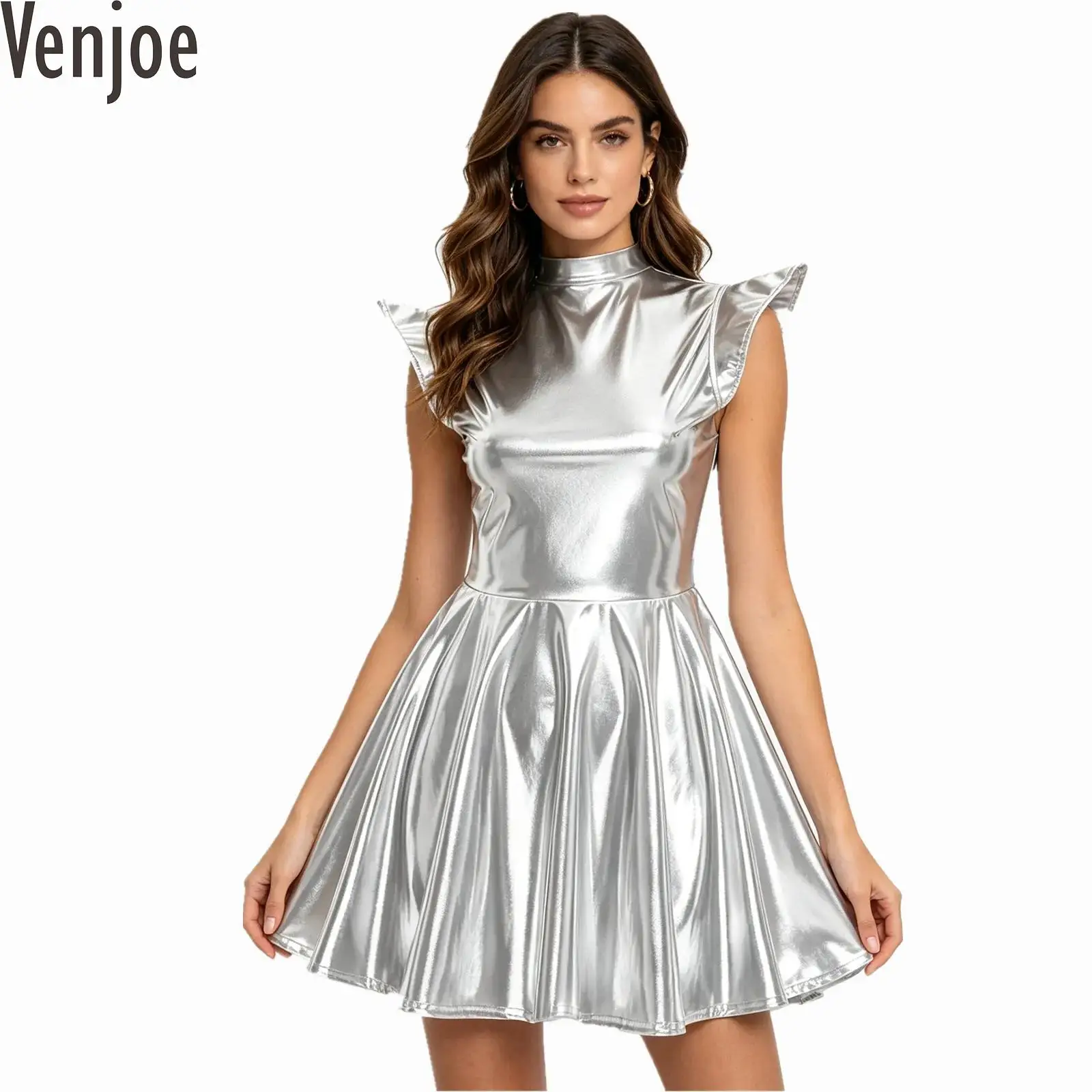 

Womens Shiny Nightclub Disco Party Pleated Dress Metallic Mock Neck Cap Sleeve High Waist A-line Dress Rave Party Club Wear