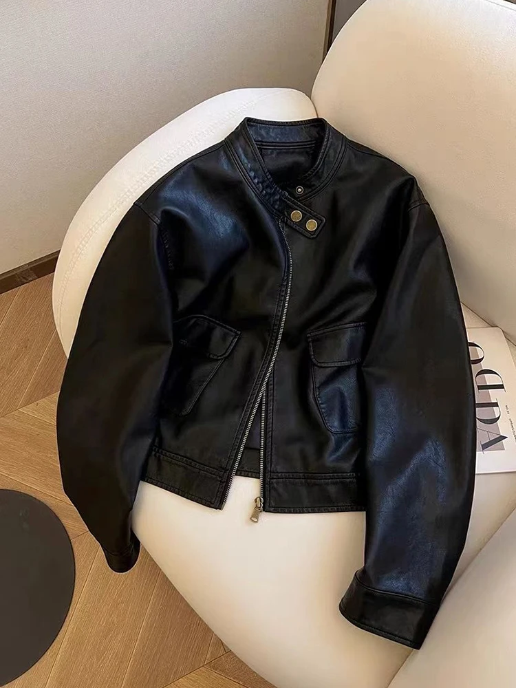 Chaquetas de motociclista Vintage para mujer, ropa de calle informal de manga larga Y2K, abrigo Retro americano con bolsillos y cuello redondo, prendas de vestir para otoño e invierno, Tops nuevos