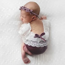 Ylsteed Newborn Photography Lace Romper with Hairband Infant Photoshoot Costume Baby Girl Hollow Back Bow Jumpsuit Picture Prop