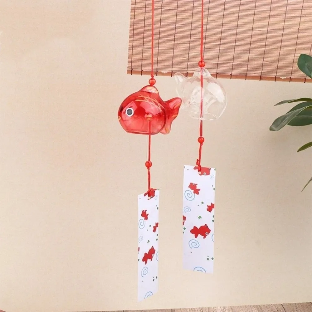 Glass Goldfish Wind Chime Japanese Style Hand-painted Small Golden Fish Pendant Peaceful Transparent Clear Fish Wind Chime