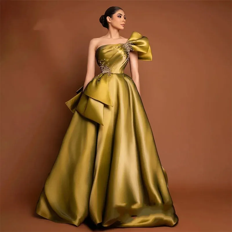 

Elegant A-line Evening Formal Dress 2025 One Shoulder Beading Bowknot Satin Prom Dresses Pageant Party Gowns Robe De Soiree