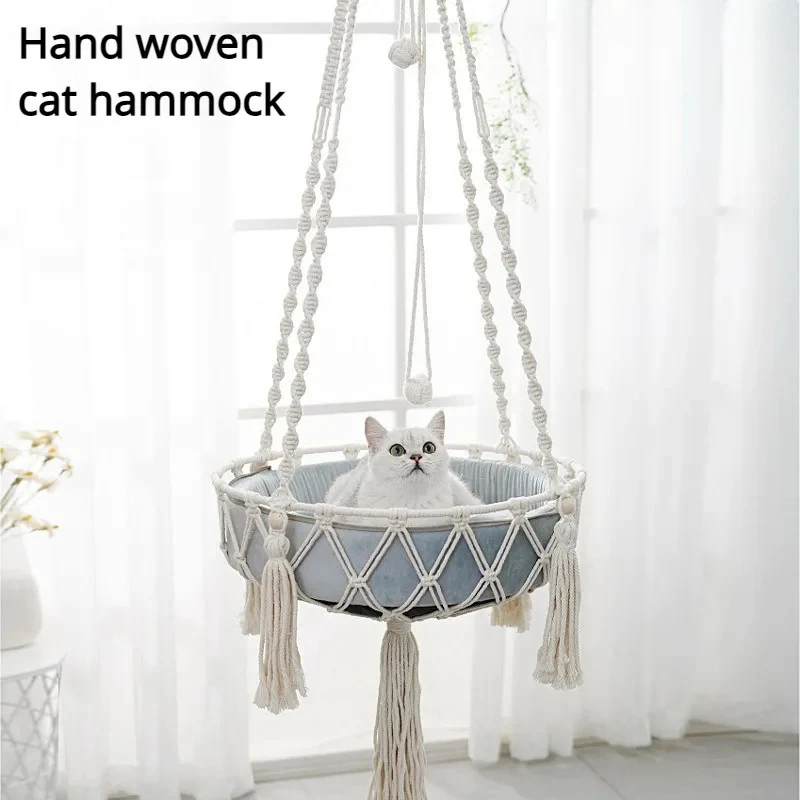 Hand Woven New Product Cat Nest Bohemian Style Weaving Rope Net Bag Hanging Basket Swing Cat Window Hammock with Cushion