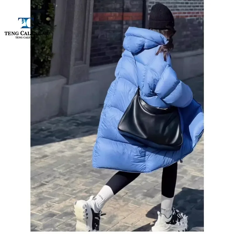 Fashionable Down Jacket, Korean Mid To Long Lightweight Hooded 90 Thick White Duck Down Bread Jacket, Women's Winter New Style