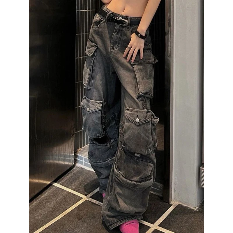 

Large Size 300 Pounds American High Street Washed Multi-Pocket Workwear Jeans Loose Wide Leg Long Pants for Men Early Spring