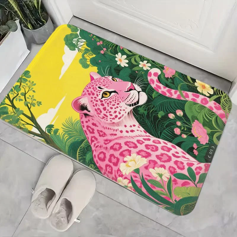 VIKAMA Bright Yellow Tropical Jungle Pink Leopard Flower Mat, Non-Slip Door Rug for Foyer & Bathroom, Vibrant Exotic Decor