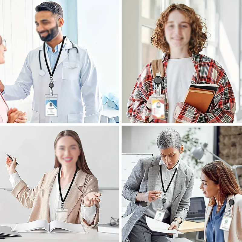 مجموعة بكرة شارة سوداء قابلة للسحب مع مشبك جراد البحر وحامل بطاقات PVC مقاوم للماء، حبل متين، لمعرف العمل وبطاقات الاسم