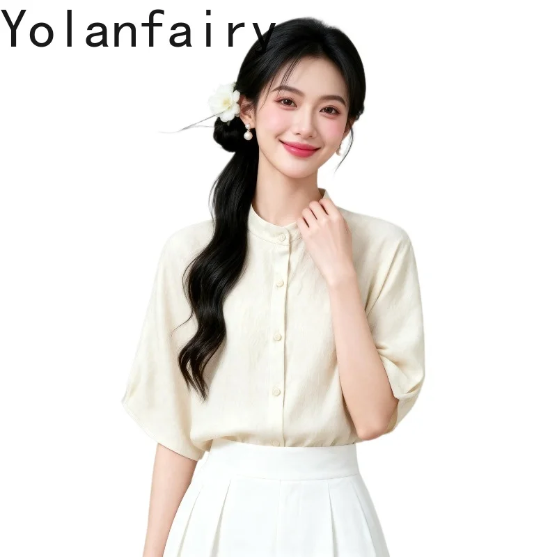 

YOLANFAIRY Новые 100% натуральные шелковые рубашки из тутового шелкопряда для женщин, лето 2026, повседневные топы, элегантные свободные рубашки с воротником-стойкой, женские блузки