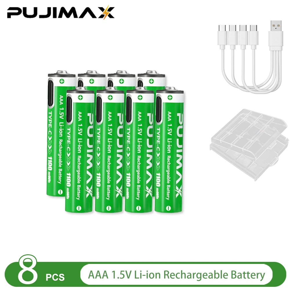 PUJIMAX 1,5 V AA en AAA oplaadbare lithiumbatterij 3400 mWh/1100 mWh, Type-C-poort Opladen worden hergebruikt 1500 keer voor wekkers