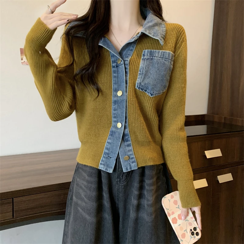 Women\'s Knitting Sweater Cardigans Korean Style Autumn Winter Denim Patchwork Polo Collar Long Sleeve Knitted Office Lady Tops