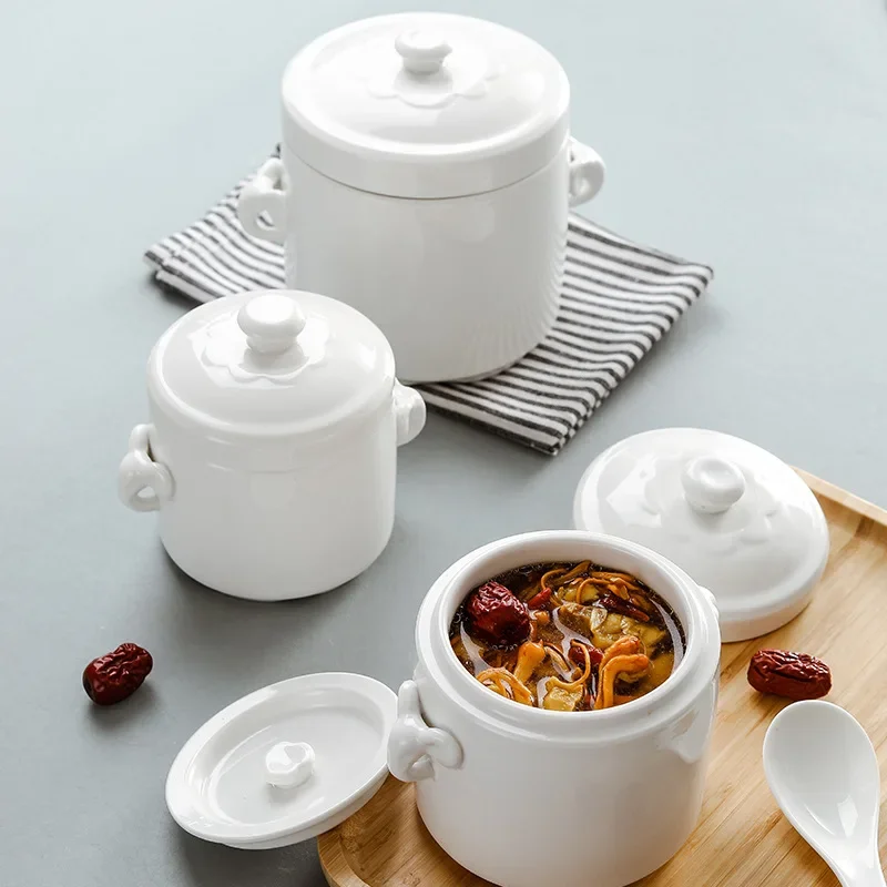 Stew Pot Ceramic with Lid Double Lid Water-proof Stew Household Bird's Nest Soup Cup Steamed Egg Bowl Liner Simmer Soup Clay Pot