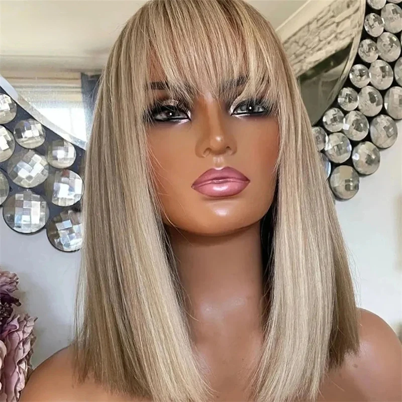 250% Density Ombre Ash Blonde Short Straight Bob With Bnags HD Transparent Lace Front Human Hair Wigs Small/Large Size Cosplay