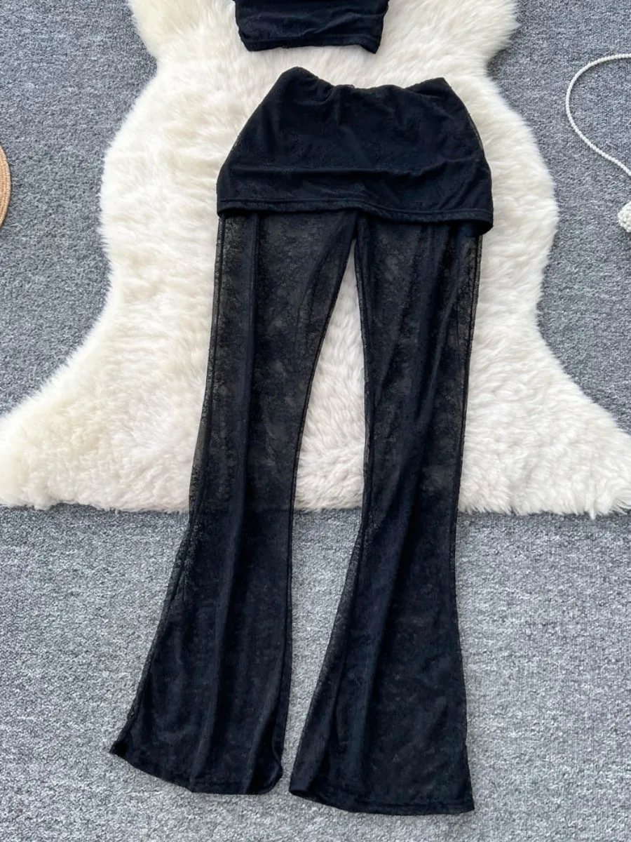 ssTss American Sexy Chaleco ajustado sin mangas con un hombro + Pantalones acampanados de encaje transparentes negros de cintura alta Conjunto de 2 piezas