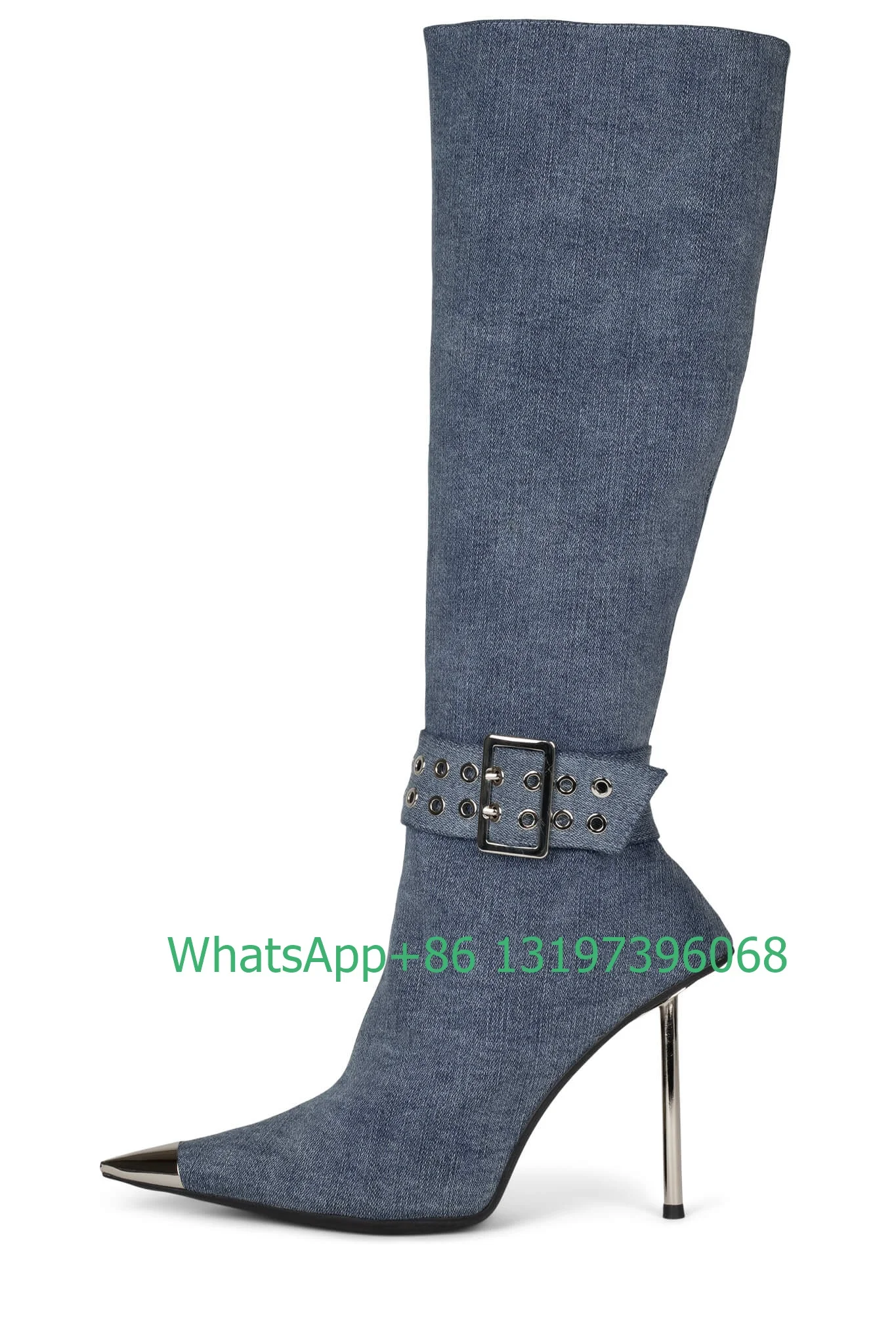 Lady knee-high stiletto boots with buckle gold pointed toe knee boots cowboy style dress boots high heels size 46