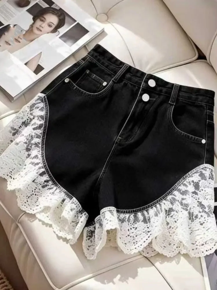 Summer New Denim Shorts High Waist Lace Patchwork Contrast Color Wide Leg Pants French Design Slim All Match Women's Clothing