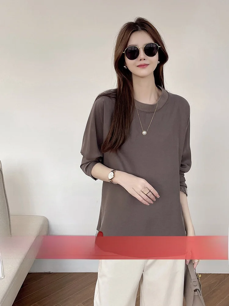 

Korean Style Loose Fit Long Sleeve round Neck Copper Ammonia Silk T-Shirt Women's Fashion Spring Autumn New Arrival Basic Top