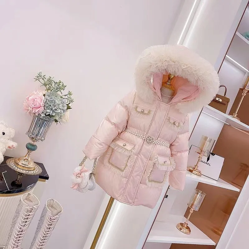 

Girls' Down Jacket 2024 New Winter Cotton Jacket Children's Princess Big Children's Hooded White Duck Down Thickened Jacket