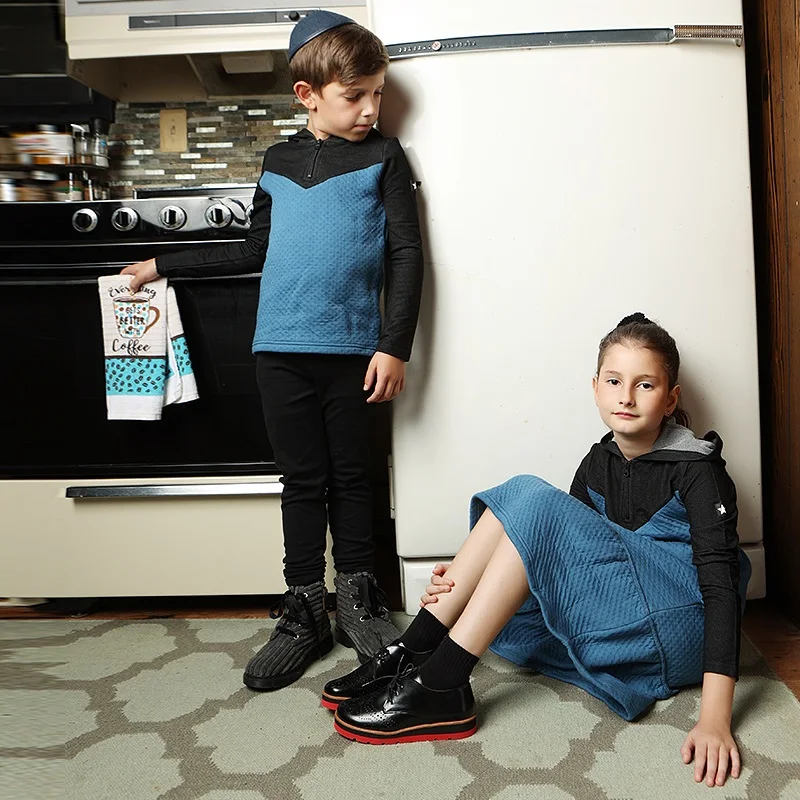 AA AW25 - Autumn children's clothes colorblock hooded set dress shirt baby romper black denim and warm interlayer fabric