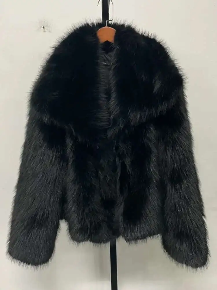 سترة فاخرة من الفرو الصناعي للنساء 2025 معطف شتوي بياقة على شكل طية صدر وأكمام طويلة سترة فضفاضة أنيقة #2