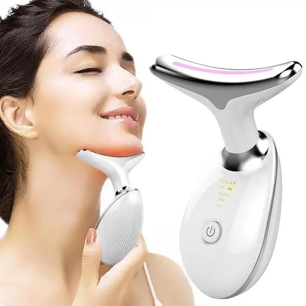 Pescoço face lifting 7 cores led fóton terapia aquecimento queixo facial microcorrente linha de vibração anti v ems rugas massageador sl p9b4