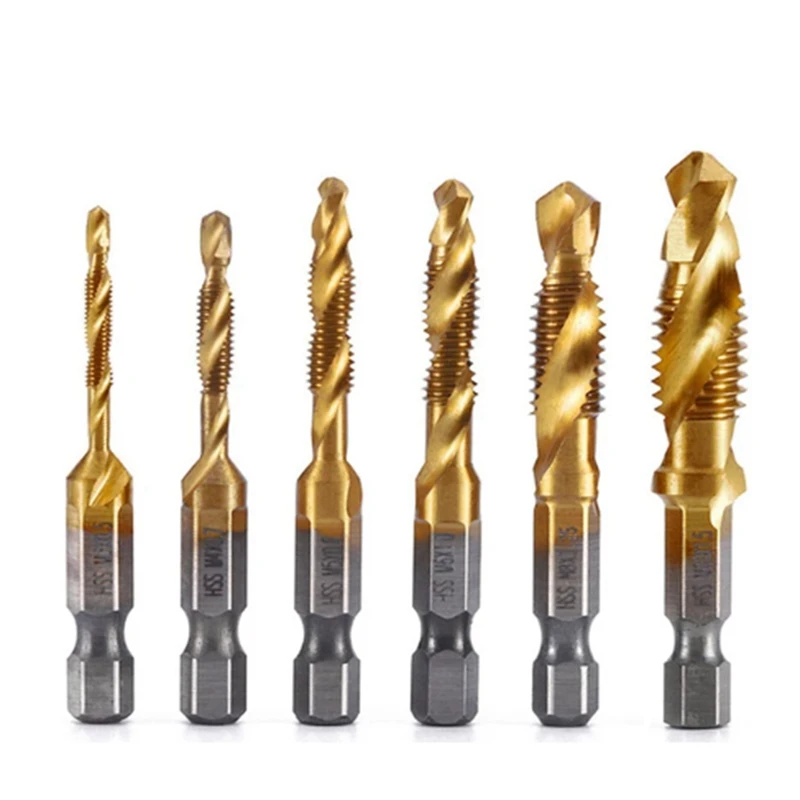 GIGI 6Pcs M3 M 4 M5 M6 M8 M10 Hex Shank Titanium Plated HSS Screw Thread Metric Tap Drill Bits Screw Machine Compound Tap